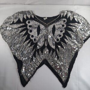 100% Silk Vintage Butterfly Shirt Blouse Sequins Silver Black Women M Medium 70s